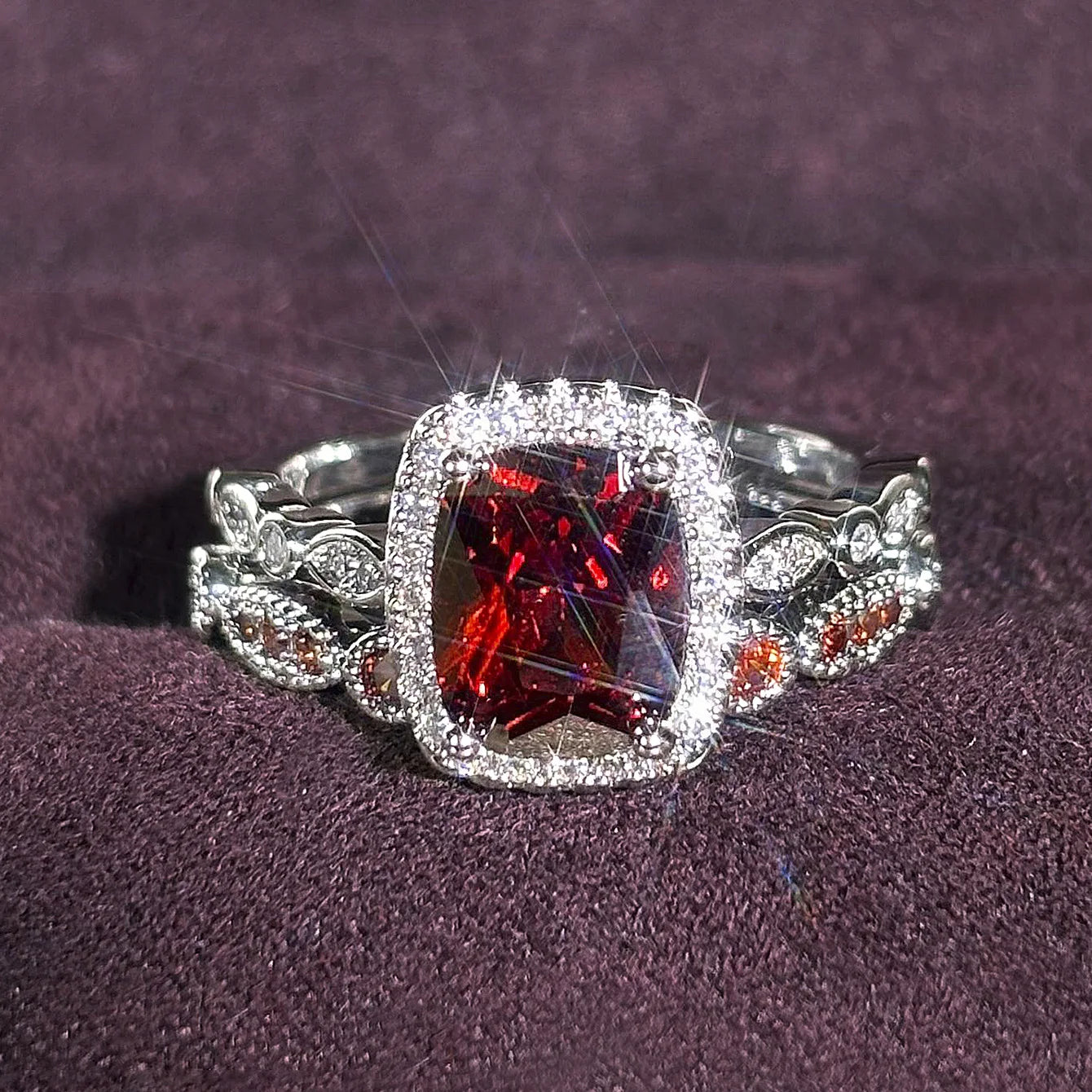 Garnet Emerald Cut Ring Women Pave Setting Elegant Engagement Fashion Gemstone Statement Jewelry