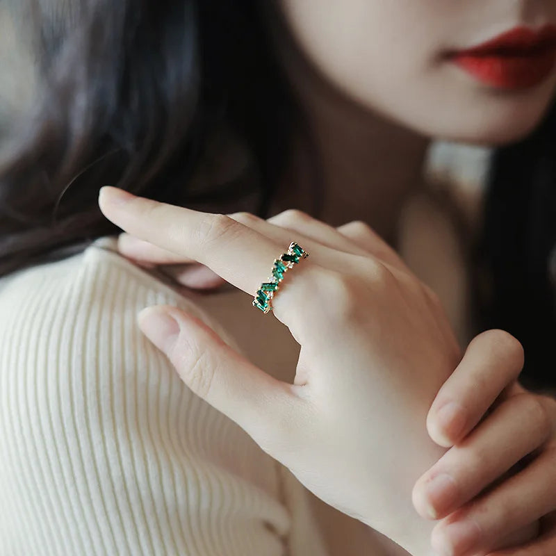 Q490 Emerald Cut Diamond Eternity Band Ring 18K Gold Filled Women'S Engagement Fine Jewelry Gypsy Setting Geometric Design