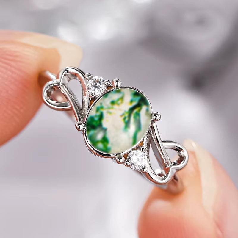 Heart Shape Jade Ring Women Oval Cut Prong Setting Elegant Gemstone Engagement Fashion Statement Jewelry