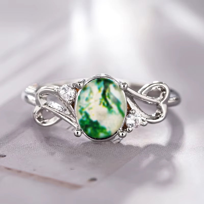 Heart Shape Jade Ring Women Oval Cut Prong Setting Elegant Gemstone Engagement Fashion Statement Jewelry