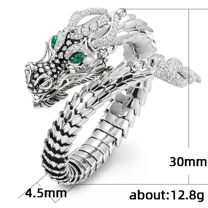 Stainless Steel Tibetan Silver Animal Dragon Bracelet with Emerald Eyes Diamond Inlay Unisex Chain Link Bangle Gift H122