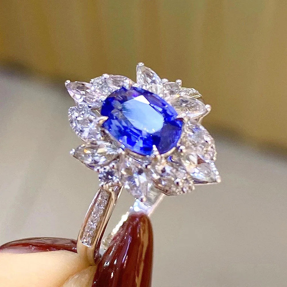 F1493 Flower Cocktail Ring 18K Solid Gold Sapphire Center Marquise Cut Diamonds Prong Setting Women'S Engagement Ring