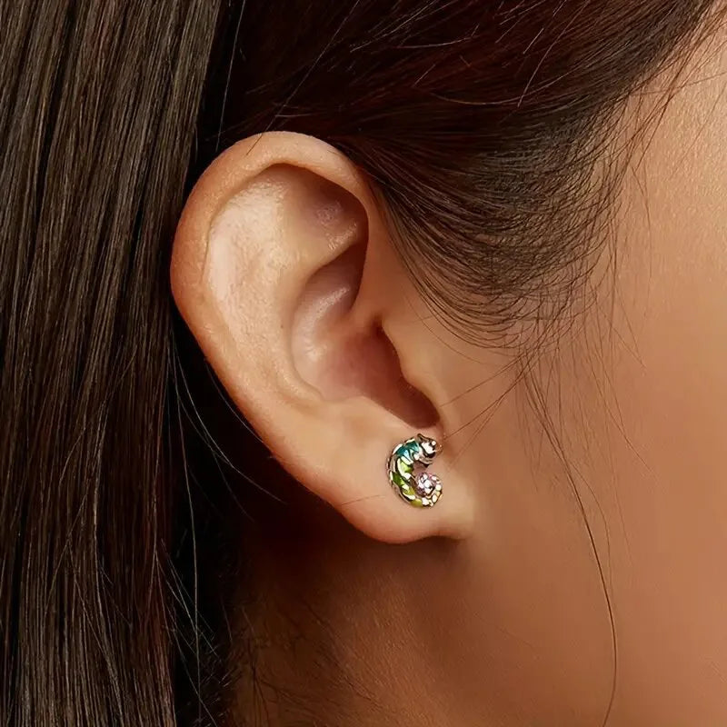 Colorful Animal Chameleon Stud Earrings Cute Alloy Design Ear Jewelry for Women Daily Wear Casual Outfit Gift Accessory