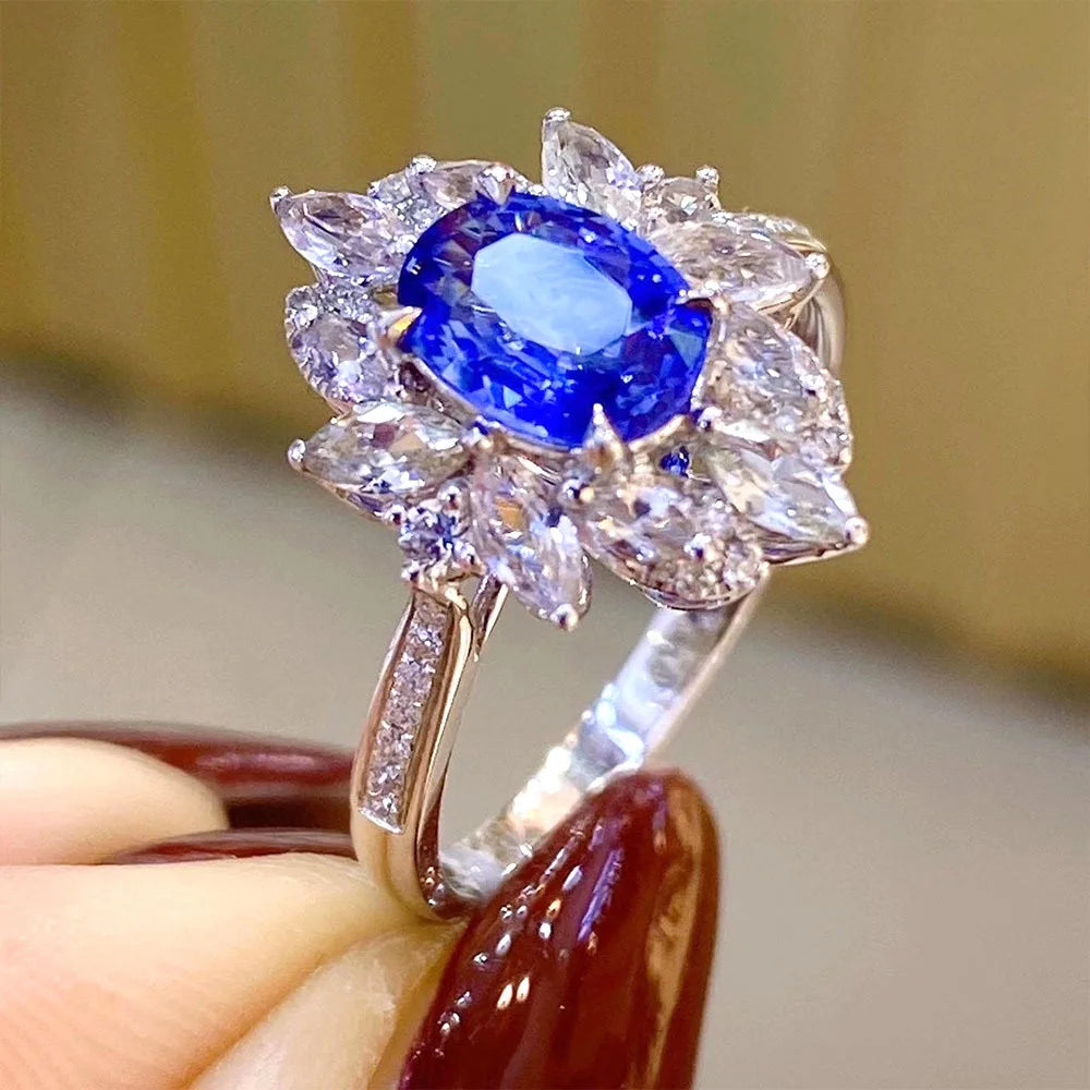 F1493 Flower Cocktail Ring 18K Solid Gold Sapphire Center Marquise Cut Diamonds Prong Setting Women'S Engagement Ring