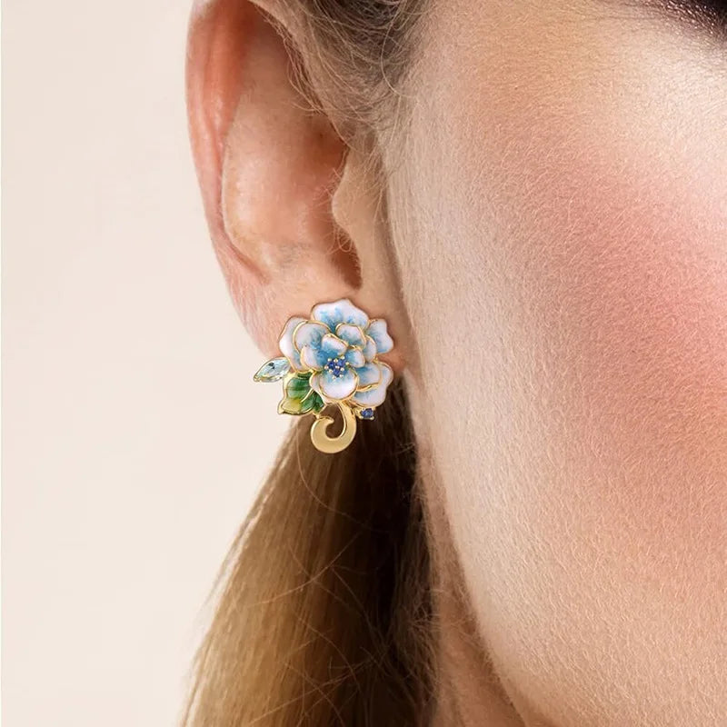 Floral Oil Painting 3D Metal Freesia Ear Cuff Nature Inspired Fashion Earrings Women