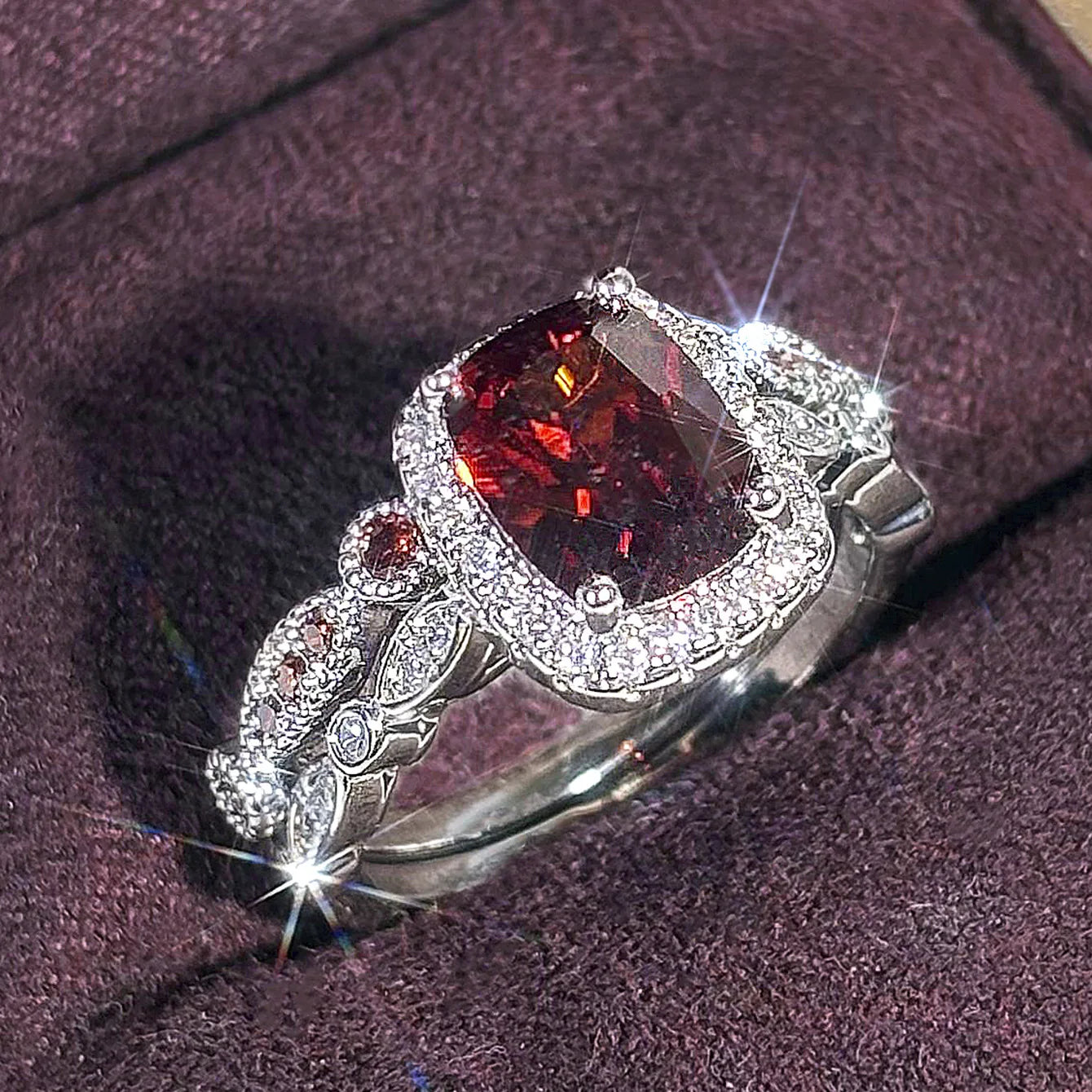 Garnet Emerald Cut Ring Women Pave Setting Elegant Engagement Fashion Gemstone Statement Jewelry