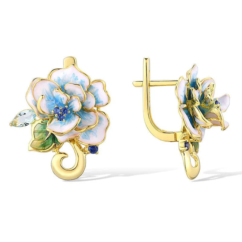 Floral Oil Painting 3D Metal Freesia Ear Cuff Nature Inspired Fashion Earrings Women