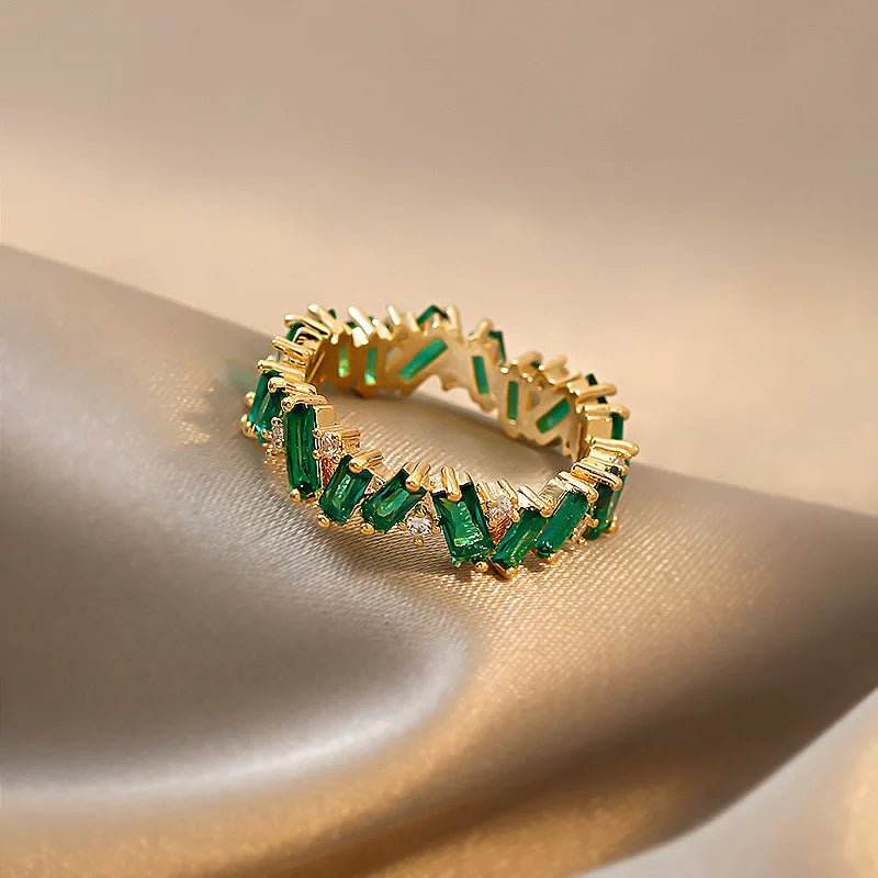 Q490 Emerald Cut Diamond Eternity Band Ring 18K Gold Filled Women'S Engagement Fine Jewelry Gypsy Setting Geometric Design