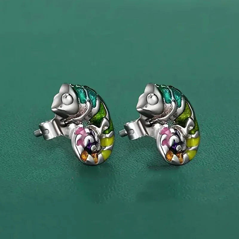 Colorful Animal Chameleon Stud Earrings Cute Alloy Design Ear Jewelry for Women Daily Wear Casual Outfit Gift Accessory