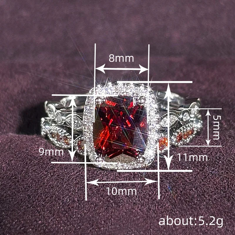 Garnet Emerald Cut Ring Women Pave Setting Elegant Engagement Fashion Gemstone Statement Jewelry