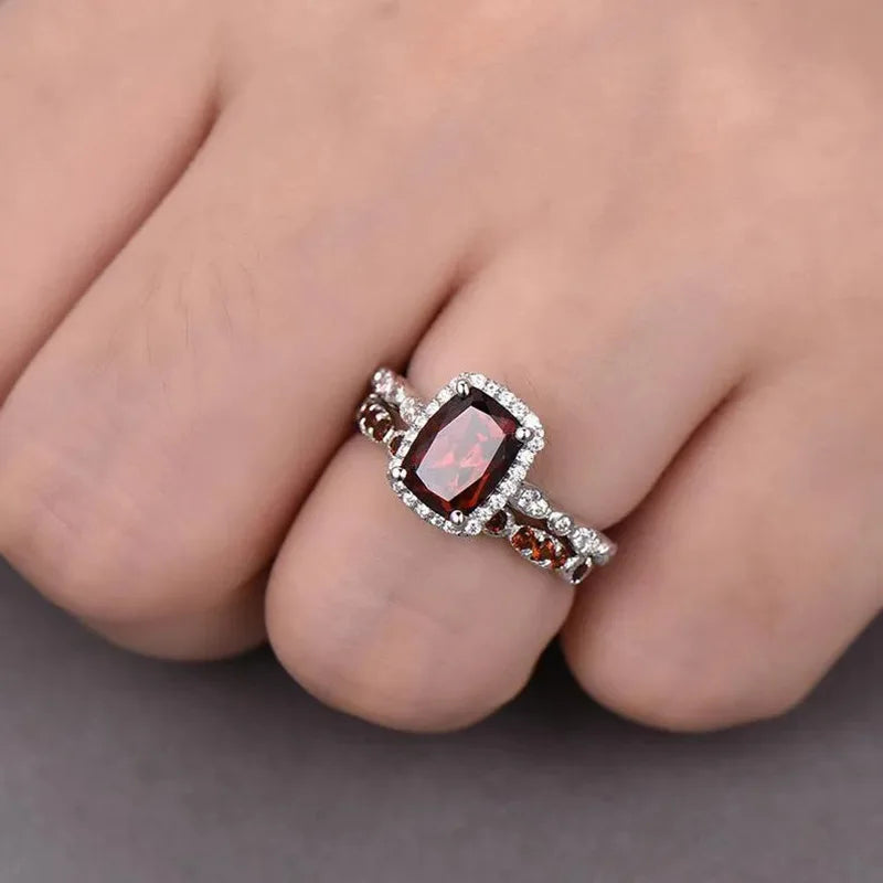 Garnet Emerald Cut Ring Women Pave Setting Elegant Engagement Fashion Gemstone Statement Jewelry