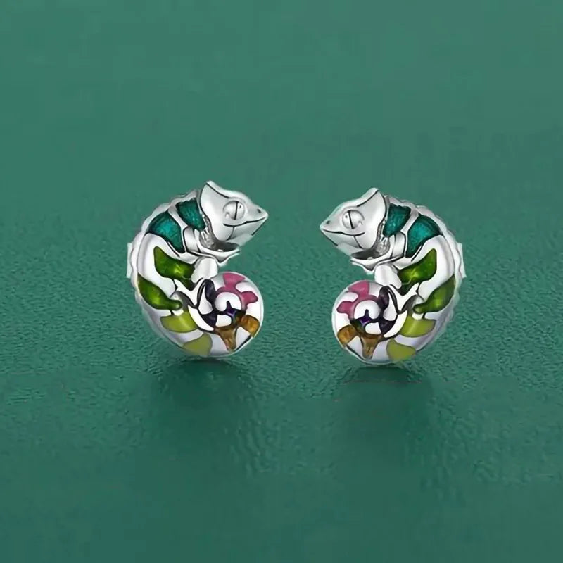 Colorful Animal Chameleon Stud Earrings Cute Alloy Design Ear Jewelry for Women Daily Wear Casual Outfit Gift Accessory
