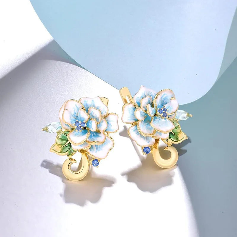 Floral Oil Painting 3D Metal Freesia Ear Cuff Nature Inspired Fashion Earrings Women