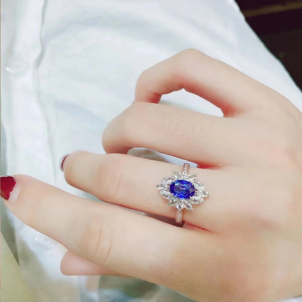 F1493 Flower Cocktail Ring 18K Solid Gold Sapphire Center Marquise Cut Diamonds Prong Setting Women'S Engagement Ring