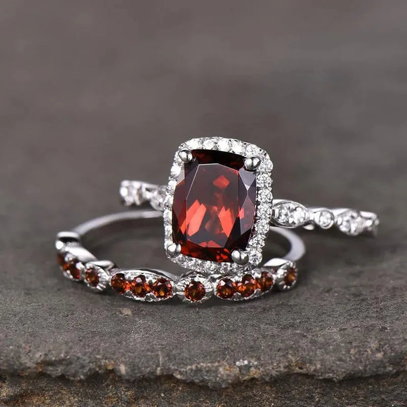 Garnet Emerald Cut Ring Women Pave Setting Elegant Engagement Fashion Gemstone Statement Jewelry